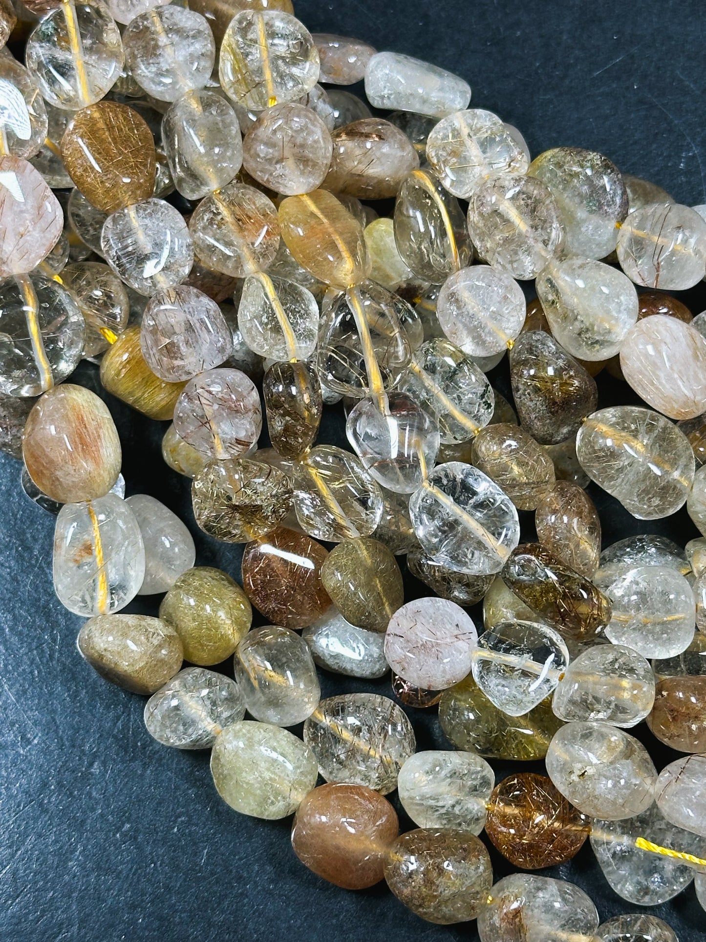 Natural Rutilated Quartz Gemstone Bead 10-13mm Freeform Pebble Shape, Gorgeous Natural Color Rutilated Quartz Excellent Quality 15.5" Strand