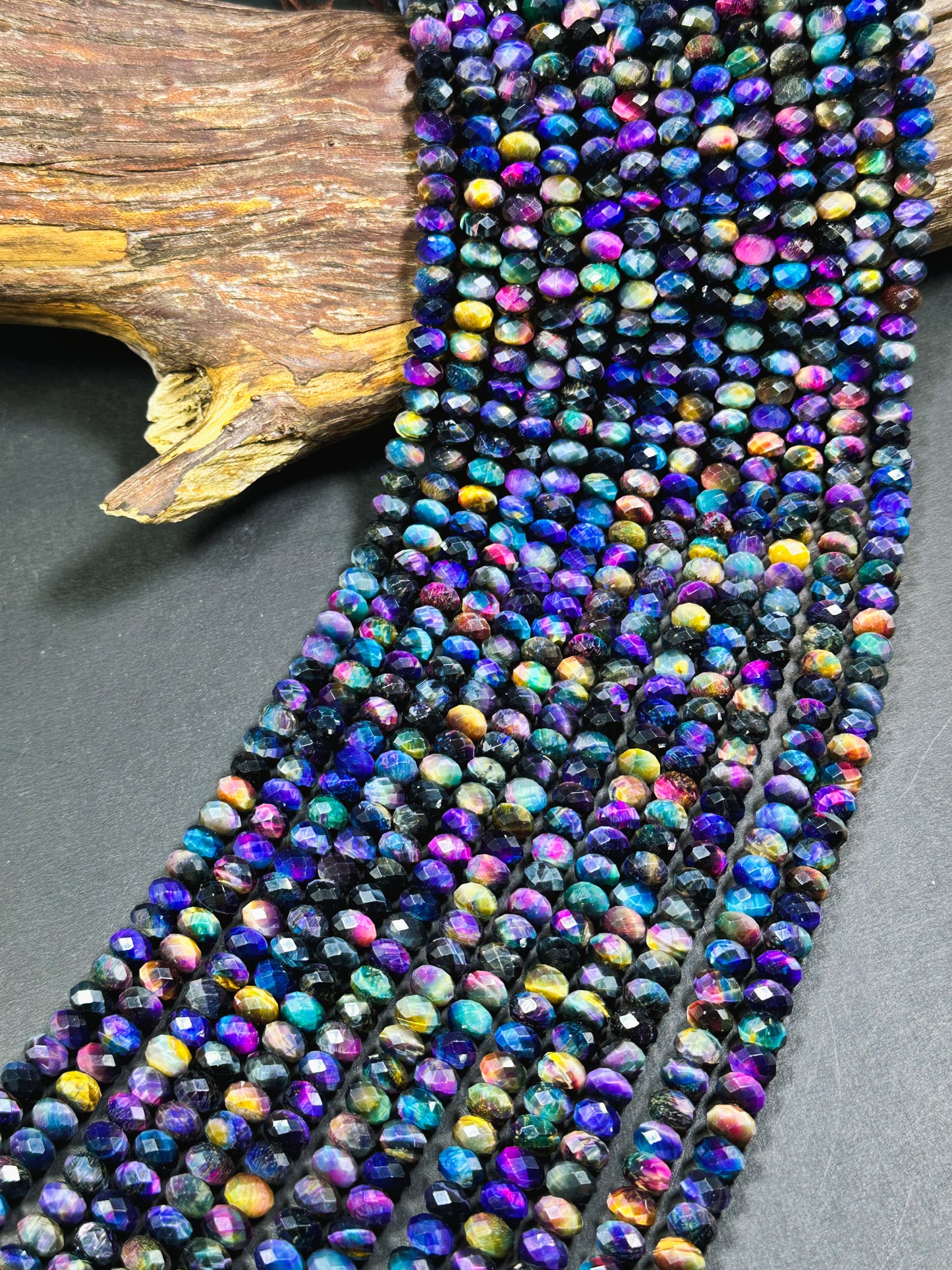 Beautiful Galaxy Tiger Eye Gemstone Bead Faceted 8x5mm Rondelle Shape, Gorgeous Rainbow Multicolor Galaxy Tiger Eye Beads Full Strand 15.5"