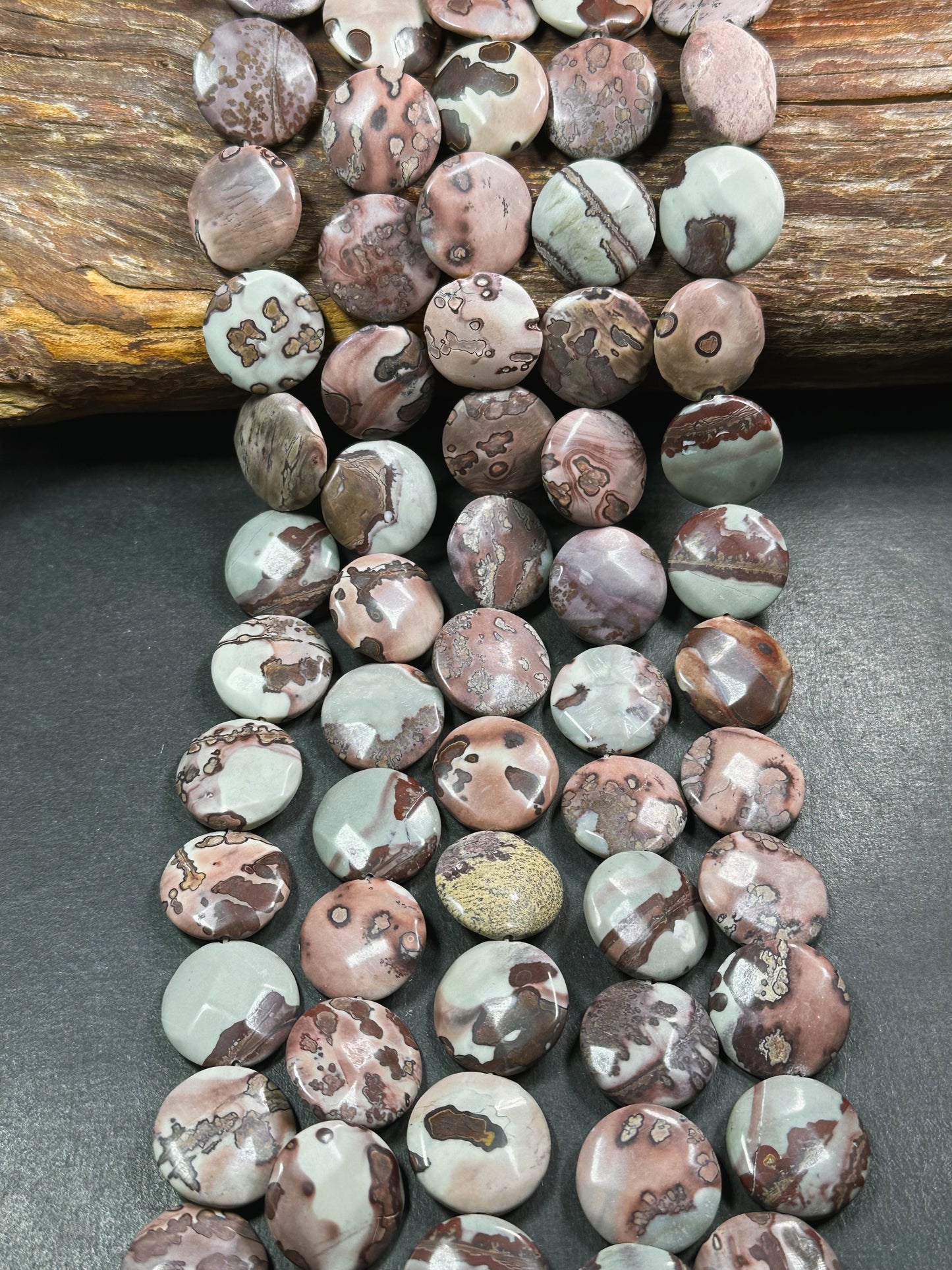 Natural Orbicular Jasper Gemstone Bead Faceted 19mm Coin Shape Bead, Beautiful Natural Gray Brown Color Jasper Stone Bead, Full Strand 15.5"