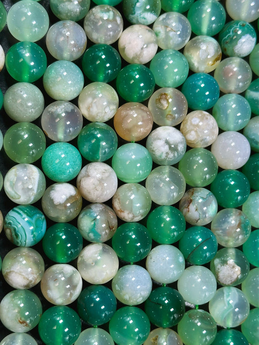 AAA Natural Green Blossom Flower Agate 10mm Round Beads, Beautiful Green Beige Color Flower Agate Beads, Excellent Quality Full Strand 15.5"