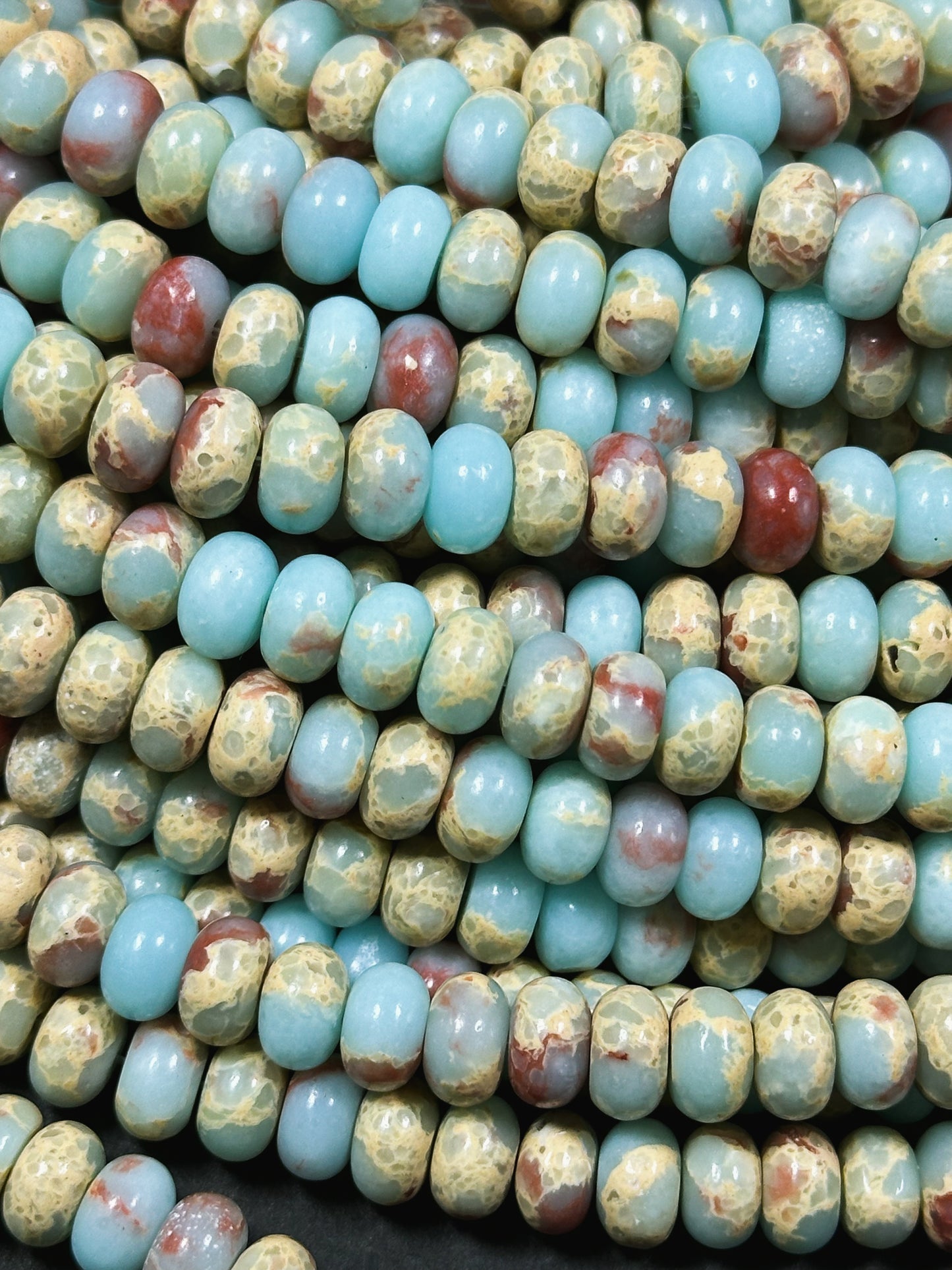 Natural Sea Sediment Jasper Gemstone Bead 8x5mm Rondelle Shape, Beautiful Light Blue Beige Red Sea Sediment Jasper Beads, Full Strand 15.5"