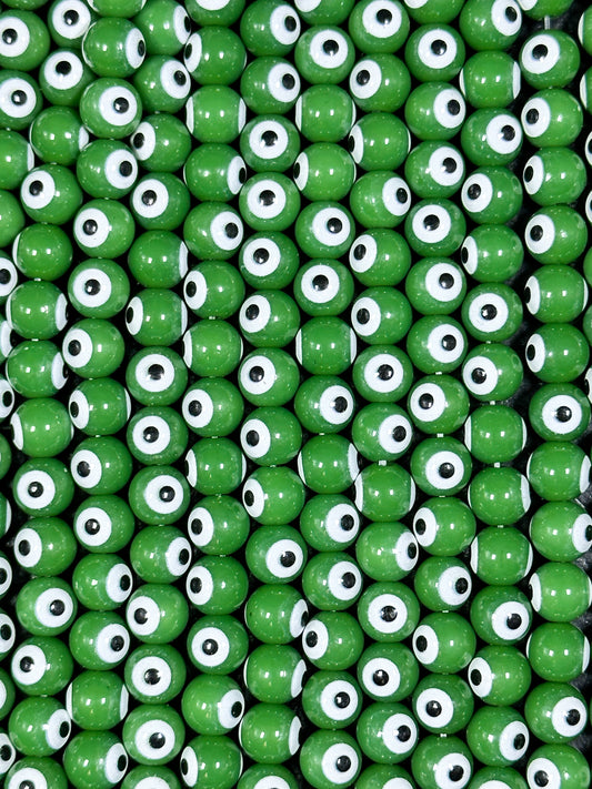 Beautiful Green Evil Eye Glass Beads 6mm 8mm Round Beads, Beautiful Green Evil Eye Amulet Glass Beads, Full Strand Evil Eye Glass Beads