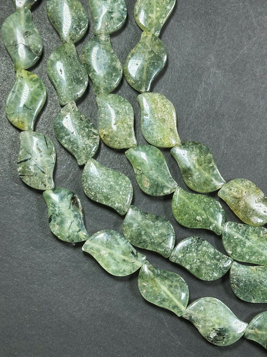 Natural Prehnite Gemstone Bead 29x18mm Wave Shape Bead, Beautiful Natural Green Prehnite Stone Bead w/ Epidote Inclusions, Full Strand 15.5"