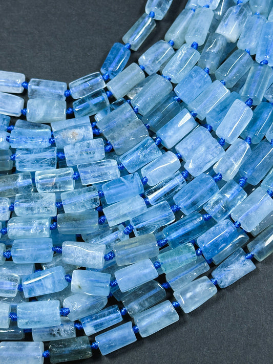Natural Aquamarine Gemstone Bead Faceted 13x7mm Tube Shape, Beautiful Natural Aqua Blue Aquamarine Gemstone, Great Quality Full Strand 15.5"