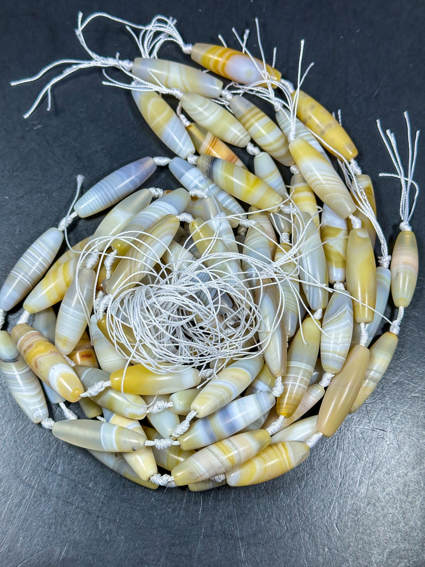 NATURAL Botswana Agate Gemstone Bead 38x12mm to 45x13mm Barrel Shape Beads, Beautiful White Yellow Color Botswana Beads Full Strand 15.5"