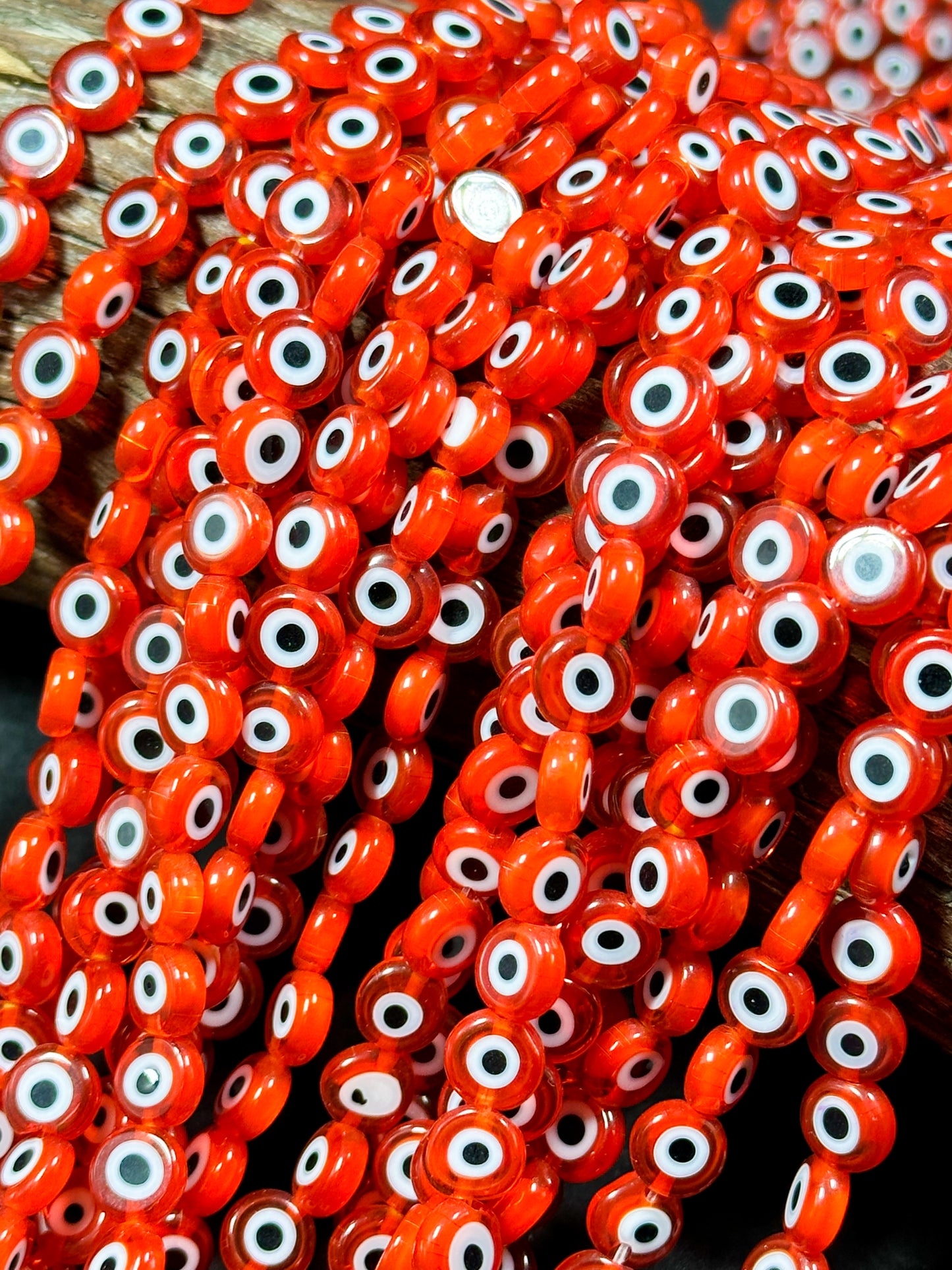 Beautiful Evil Eye Glass Beads 8mm Flat Coin Shape, Beautiful Red Orange Color Evil Eye Beads, Religious Amulet Prayer Beads, Great Quality