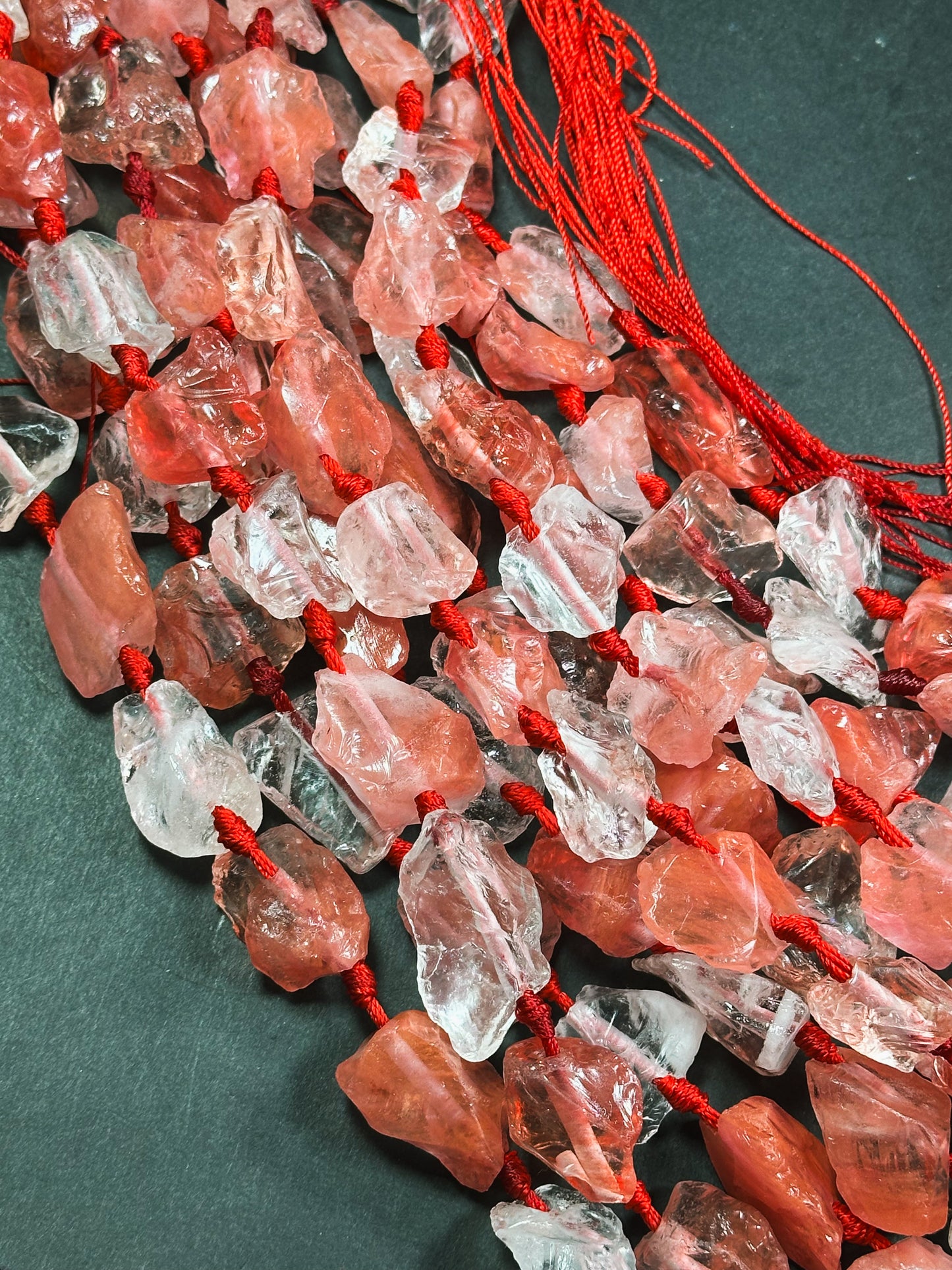 Natural Raw Watermelon Quartz Gemstone Bead Freeform Nugget Bead, Beautiful Watermelon Red Clear Color Rough Raw Quartz Bead, 15.5" Strand