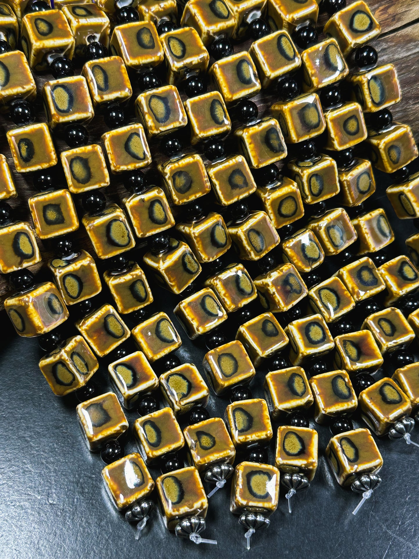 Beautiful Hand Painted Porcelain Beads, 14mm Unique Hand Painted Porcelain Cube Shape Beads, Gorgeous Brown Color Porcelain Bead 8"