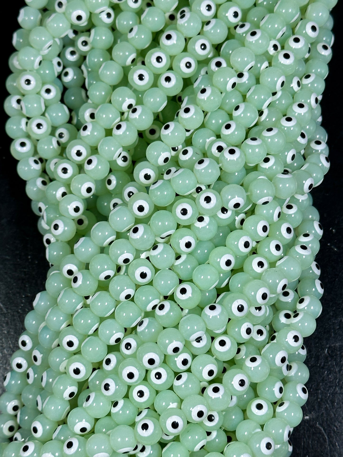 Beautiful Light Green Evil Eye Glass Beads 6mm 8mm Round Beads, Beautiful Light Green Evil Eye Amulet Glass Beads, Full Strand Glass Beads