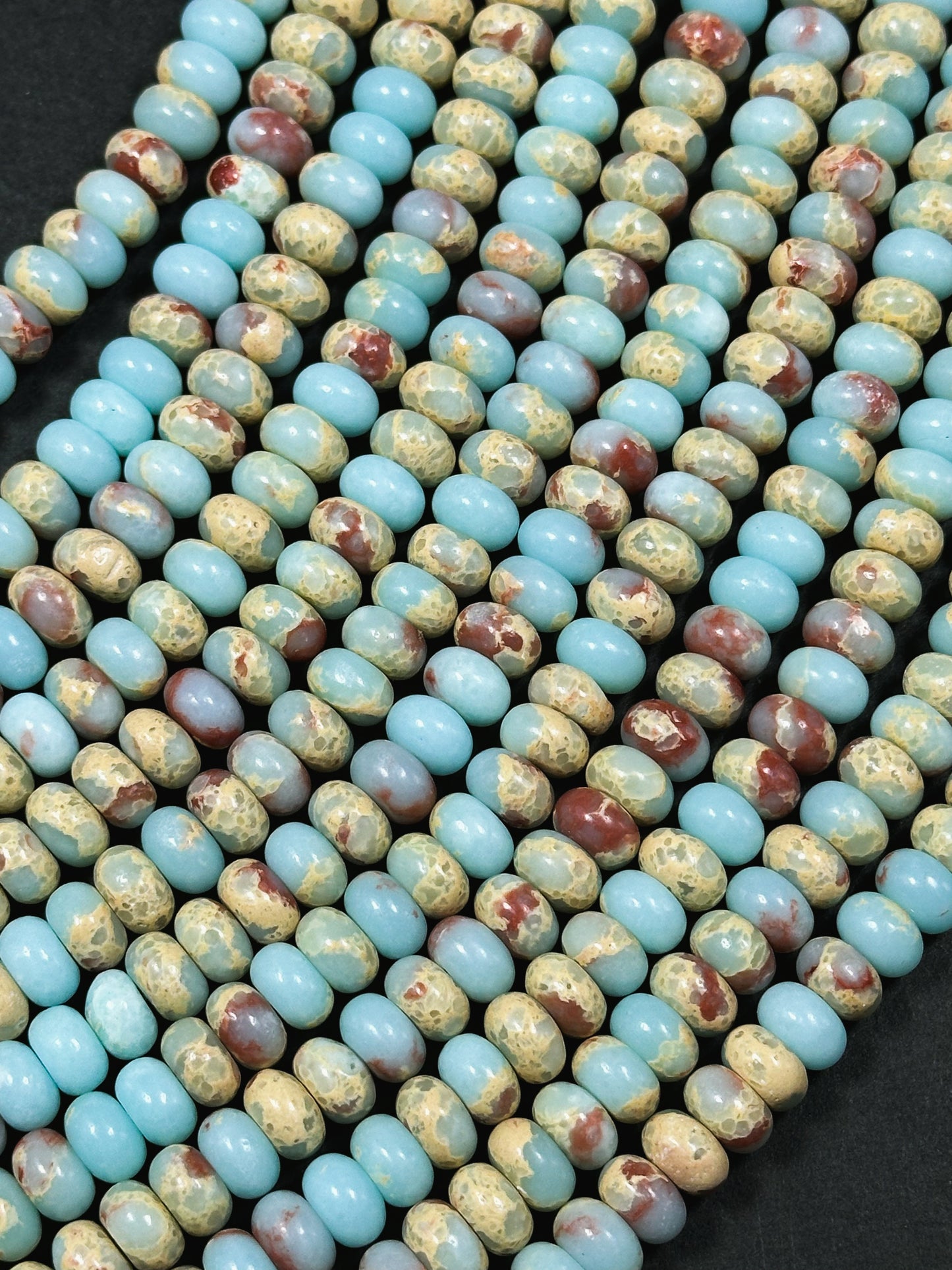 Natural Sea Sediment Jasper Gemstone Bead 8x5mm Rondelle Shape, Beautiful Light Blue Beige Red Sea Sediment Jasper Beads, Full Strand 15.5"