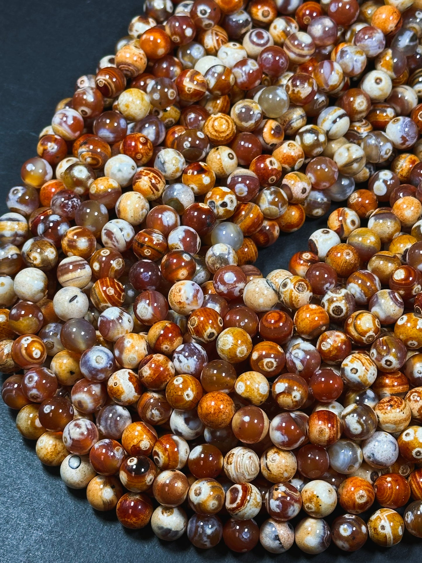 Natural Eye Agate Gemstone Bead 8mm 10mm Round Beads, Gorgeous Orange Red Beige Color Agate Gemstone Beads, Excellent Quality Full Strand 15.5"