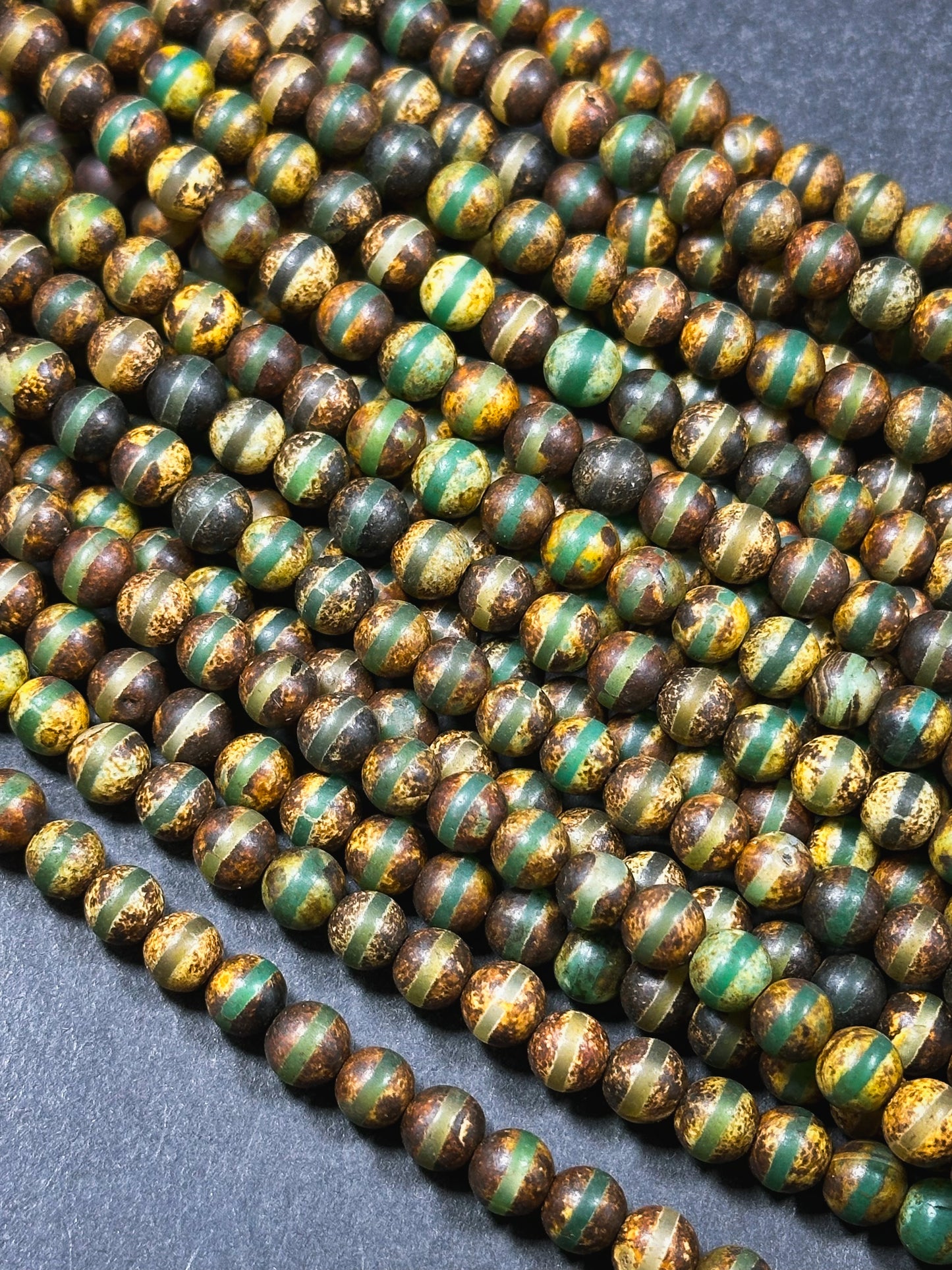 Natural Tibetan Agate Gemstone Bead 6mm Round Beads, Beautiful Brown Green Line Design Tibetan Agate Gemstone Beads, Full Strand 15.5”