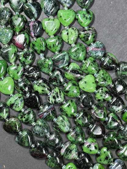 Natural Ruby Zoisite Gemstone Bead 14mm Heart Shape, Beautiful Natural Green Ruby Red Color Zoisite Bead Great Quality Full Strand 15.5"