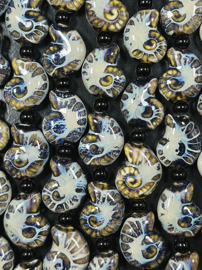 Beautiful Hand Painted Porcelain Beads, 21x17mm Unique Hand Painted Blue Porcelain Nautilus Shell Shape Beads, Gorgeous Porcelain Beads 9"