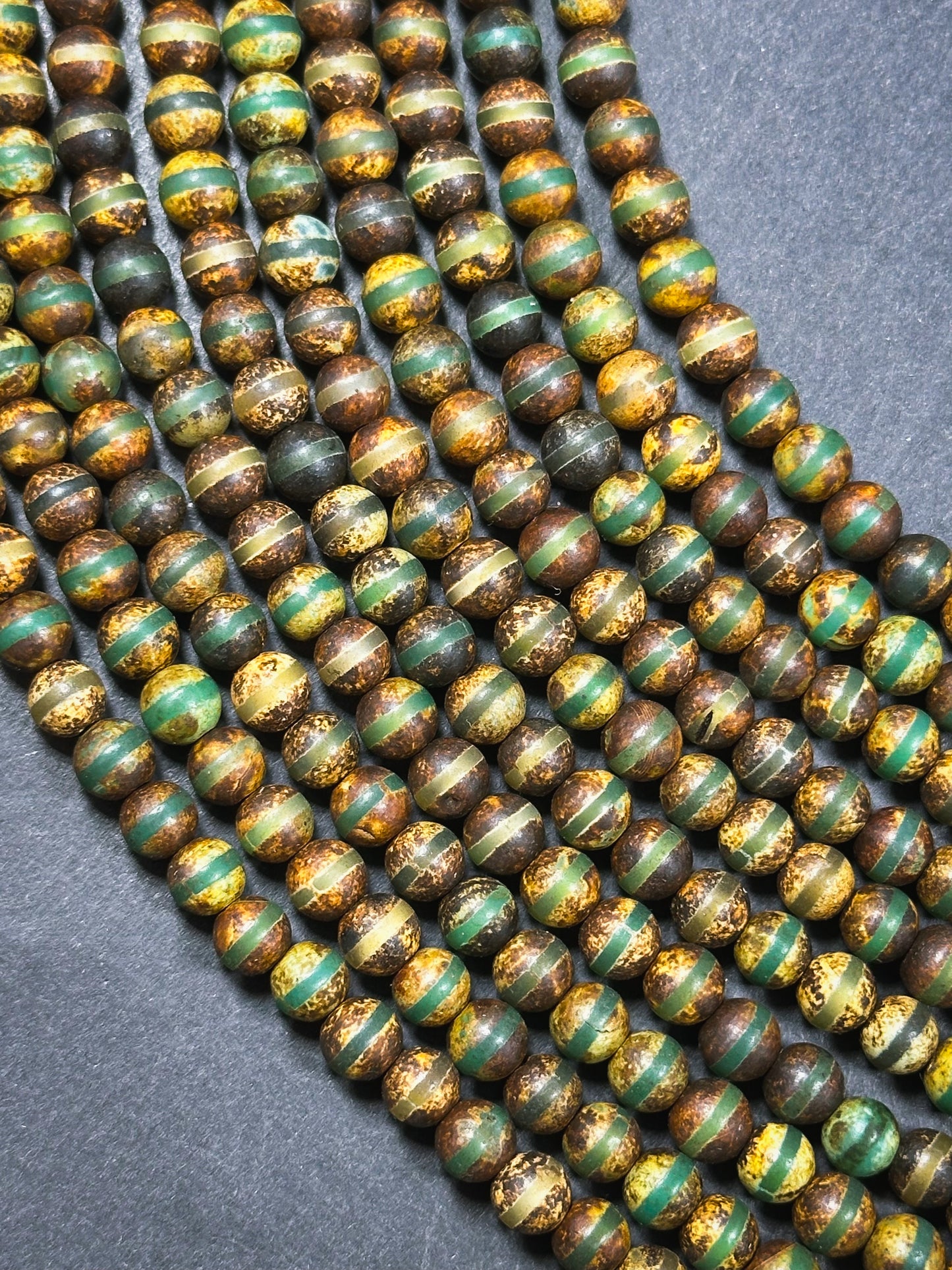 Natural Tibetan Agate Gemstone Bead 6mm Round Beads, Beautiful Brown Green Line Design Tibetan Agate Gemstone Beads, Full Strand 15.5”