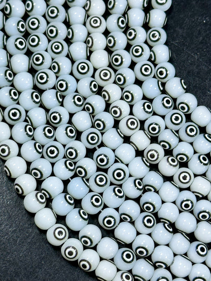 Beautiful White Evil Eye Glass Beads 6mm 8mm Round Beads, Beautiful White Black Evil Eye Amulet Glass Beads, Full Strand Glass Beads