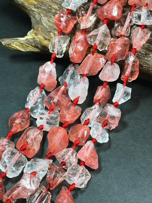 Natural Raw Watermelon Quartz Gemstone Bead Freeform Nugget Bead, Beautiful Watermelon Red Clear Color Rough Raw Quartz Bead, 15.5" Strand
