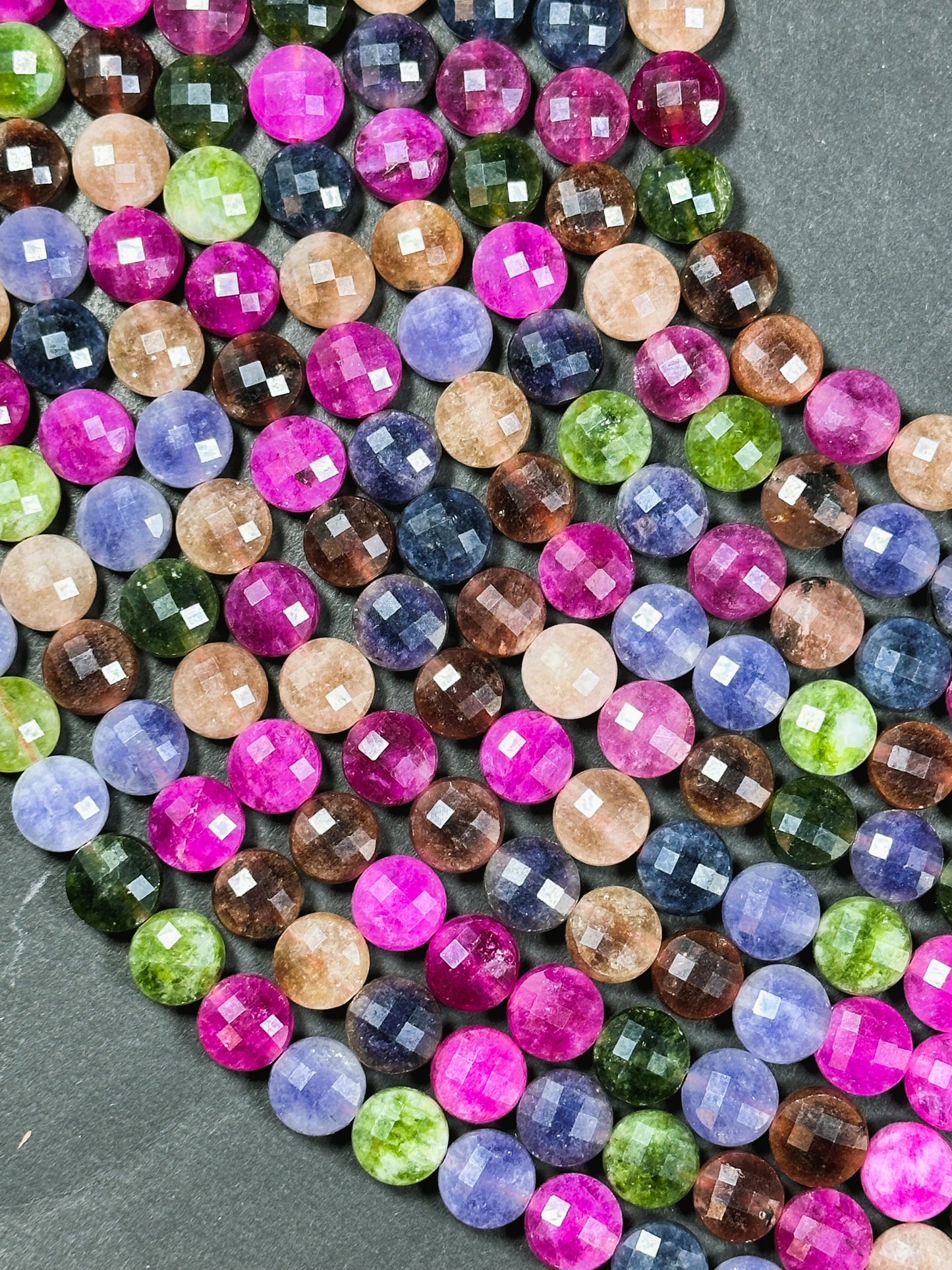 Natural Tourmaline Quartz Gemstone Bead Faceted 6mm 8mm 10mm Coin Shape, Beautiful Multicolor Tourmaline Beads, Excellent Quality Full Strand 15.5"
