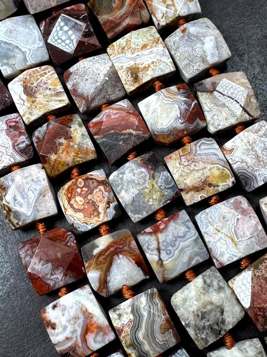 Natural  lace agate gemstone bead . faceted square shape . gorgeous natural color not treated ! excellent quality. full strand 15.5”