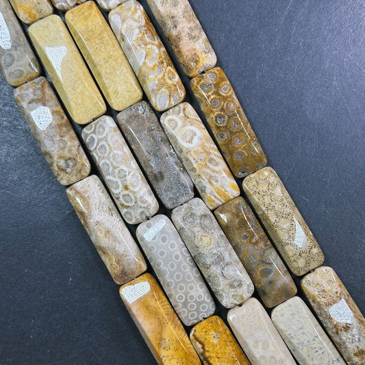 Natural Fossil Coral Gemstone Bead Faceted 39x14mm Rectangle Shape, Beautiful Natural Beige Orange Color Fossil Coral Bead Full Strand 15.5"