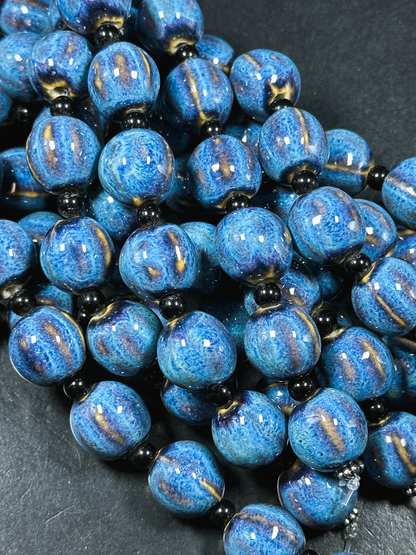 Beautiful Hand Painted Porcelain Beads, 16mm Unique Hand Painted Blue Porcelain Round Shape Beads, Gorgeous Blue Color Porcelain Bead 9"