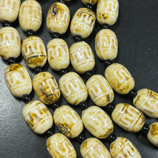 Beautiful Hand Painted Porcelain Beads, 21x15mm Unique Hand Painted Porcelain Barrel Shape Beads, Gorgeous Beige Color Porcelain Bead 8"