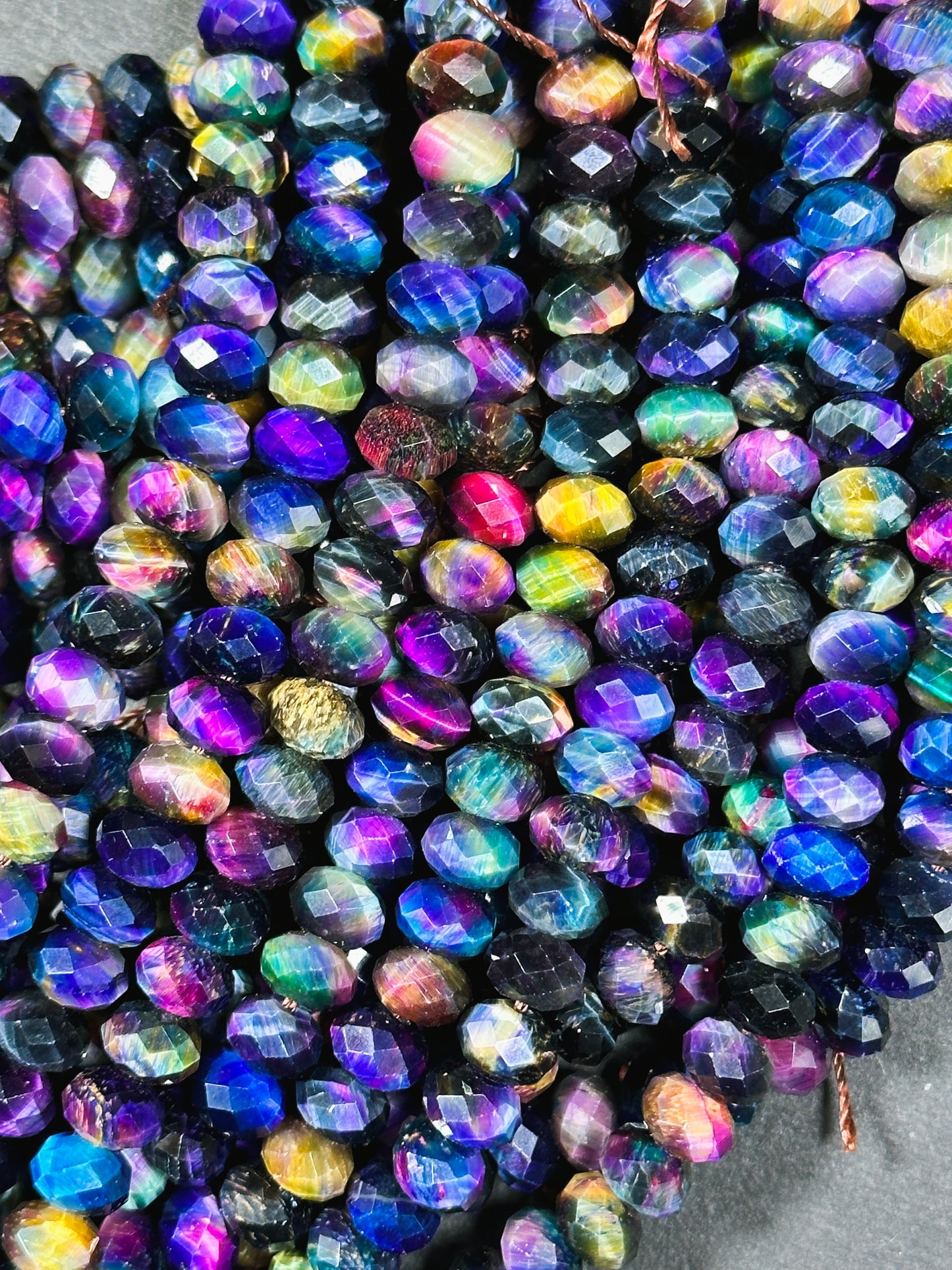 Beautiful Galaxy Tiger Eye Gemstone Bead Faceted 8x5mm Rondelle Shape, Gorgeous Rainbow Multicolor Galaxy Tiger Eye Beads Full Strand 15.5"