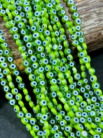 Beautiful Evil Eye Glass Beads 6mm Flat Coin Shape, Beautiful Green with Blue Eye Color Evil Eye Beads, Religious Amulet Prayer Beads