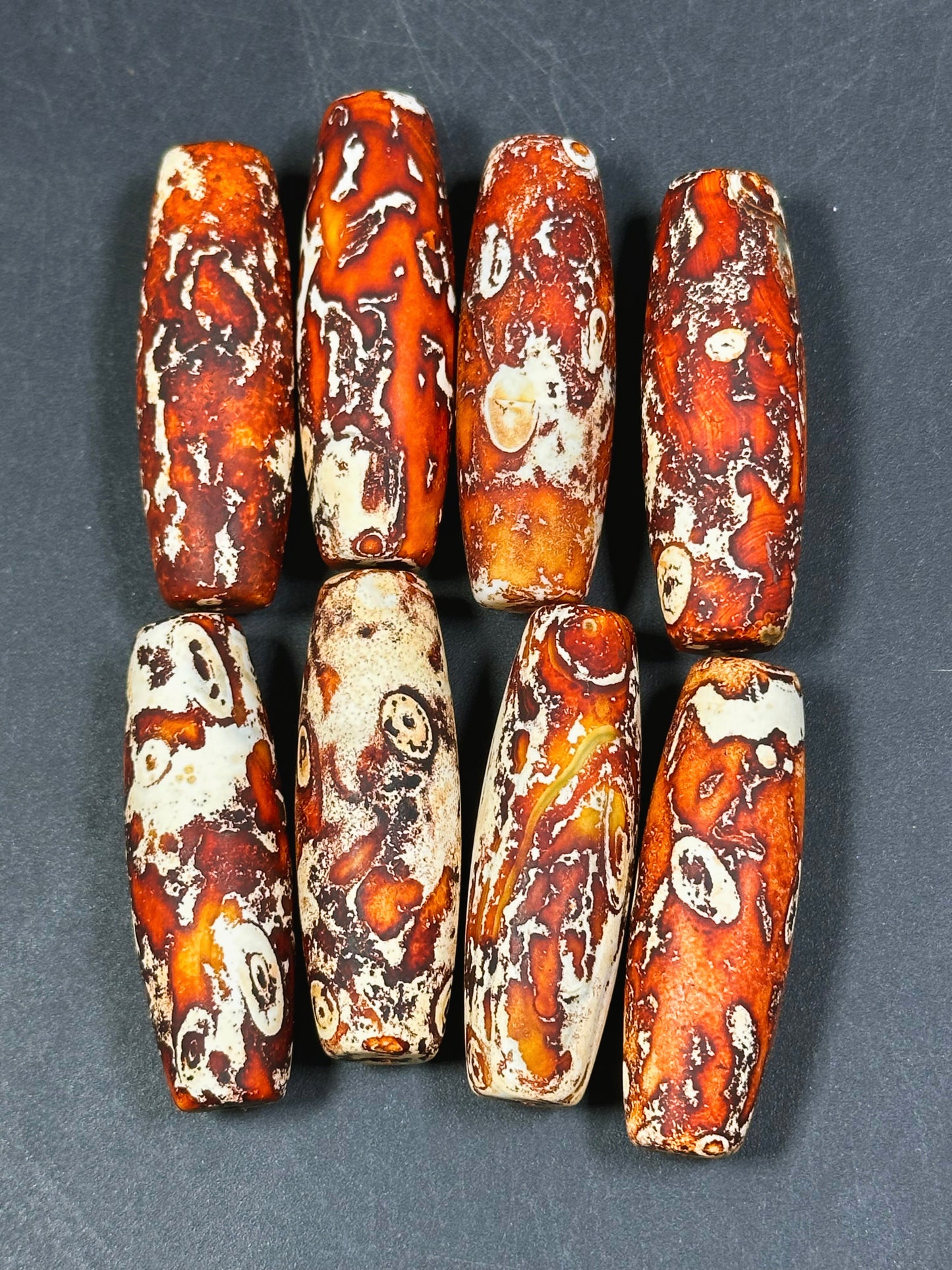 AAA Hand Painted Tibetan Gemstone Bead 39x13mm Barrel Shape Bead, Beautiful Orange Beige Color Unique Design Tibetan Agate LOOSE BEADS
