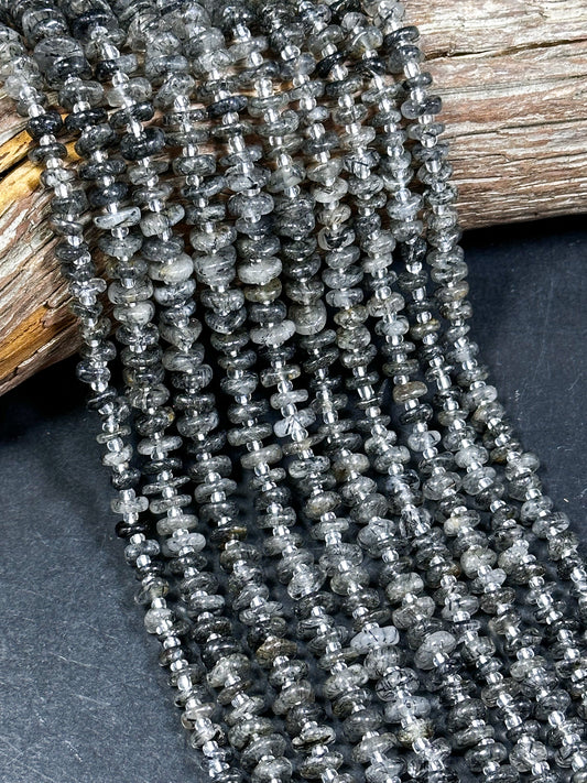 NATURAL Rutilated Quartz Gemstone Bead 7-9mm Freeform Rondelle Shape Beads, Beautiful Black Gray Color Black Hairs Loose Bead 15.5" Strand
