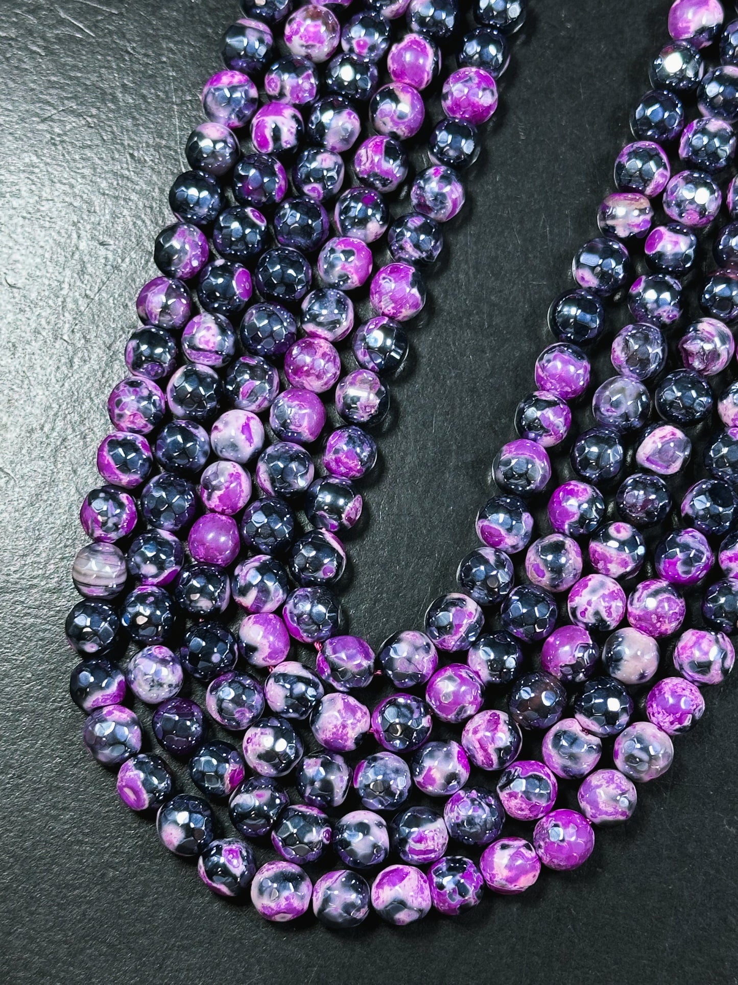Mystic Natural Tibetan Agate Gemstone Bead Faceted 8mm 10mm Round Beads, Beautiful Mystic Black Pink Agate Stone Beads, Full Strand 15.5"
