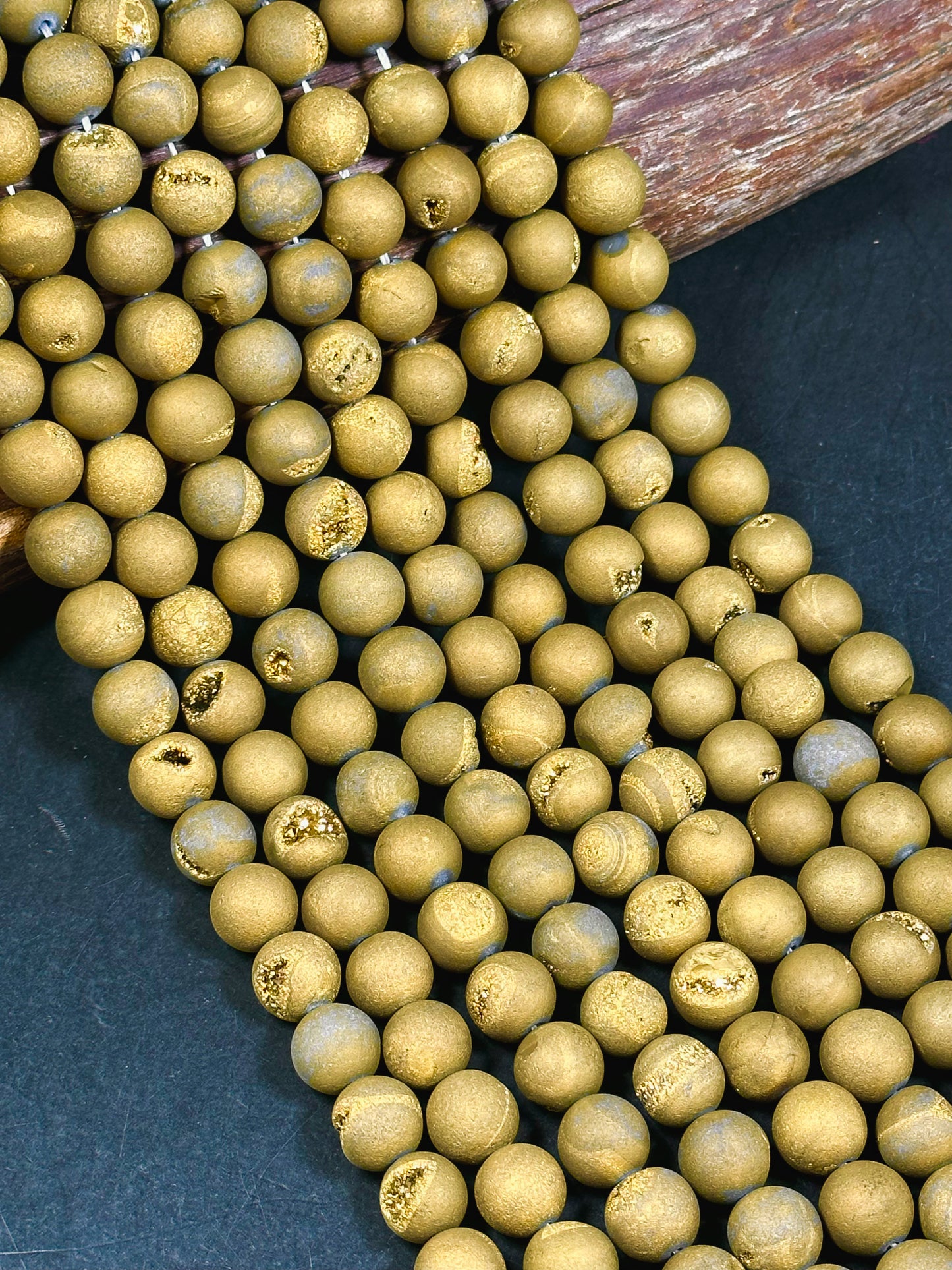 Natural Matte Druzy Agate Gemstone Beads 6mm 8mm 10mm 12mm Round Beads, Dark Yellow Brown Color Matte Druzy Agate Beads Full Strand 15.5"