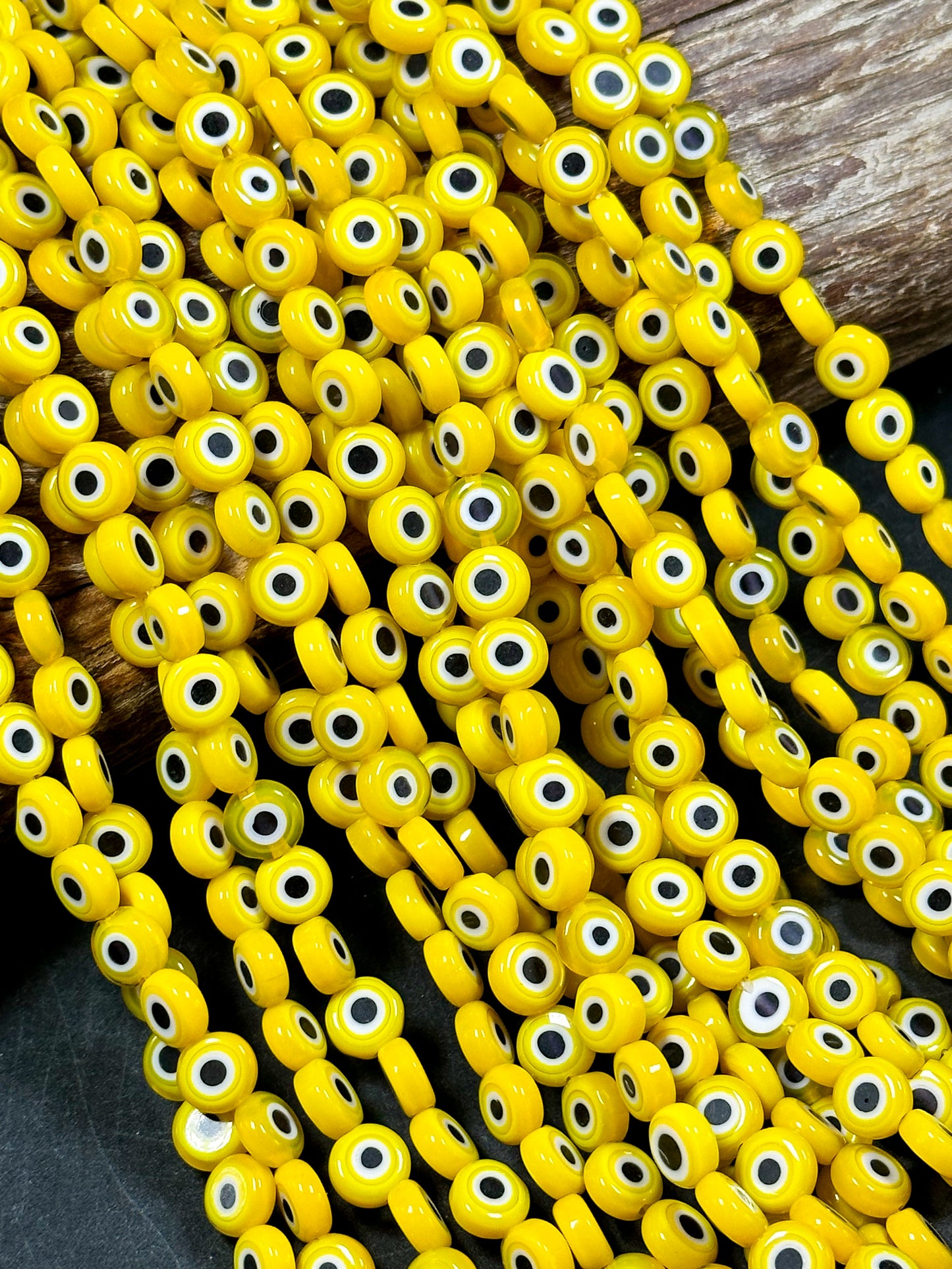 Beautiful Evil Eye Glass Beads 8mm Flat Coin Shape, Beautiful Yellow Color Evil Eye Beads, Religious Amulet Prayer Beads, Great Quality Bead