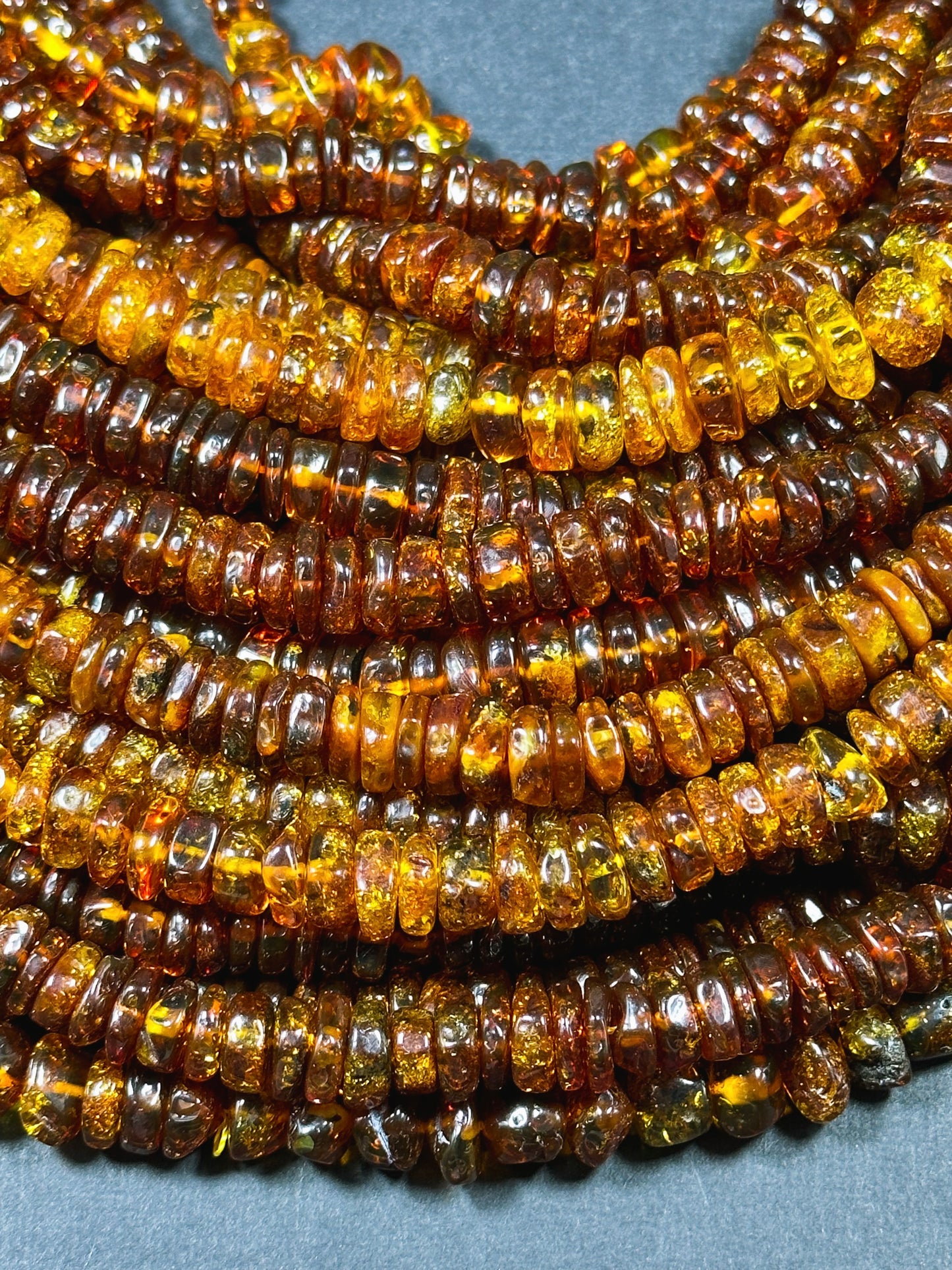 Natural Baltic Amber Gold Stone Bead 8-10mm Rondelle Shape, Beautiful Dark Golden Orange Color Baltic Amber Gold Succinite Beads, Great Quality Full Strand 15.5"