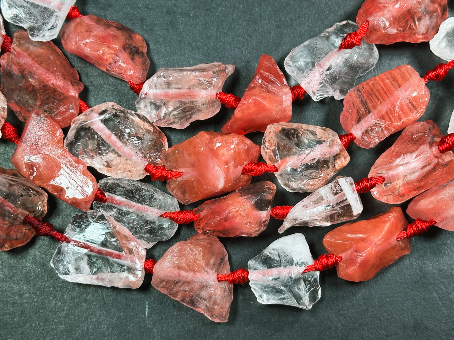 Natural Raw Watermelon Quartz Gemstone Bead Freeform Nugget Bead, Beautiful Watermelon Red Clear Color Rough Raw Quartz Bead, 15.5" Strand