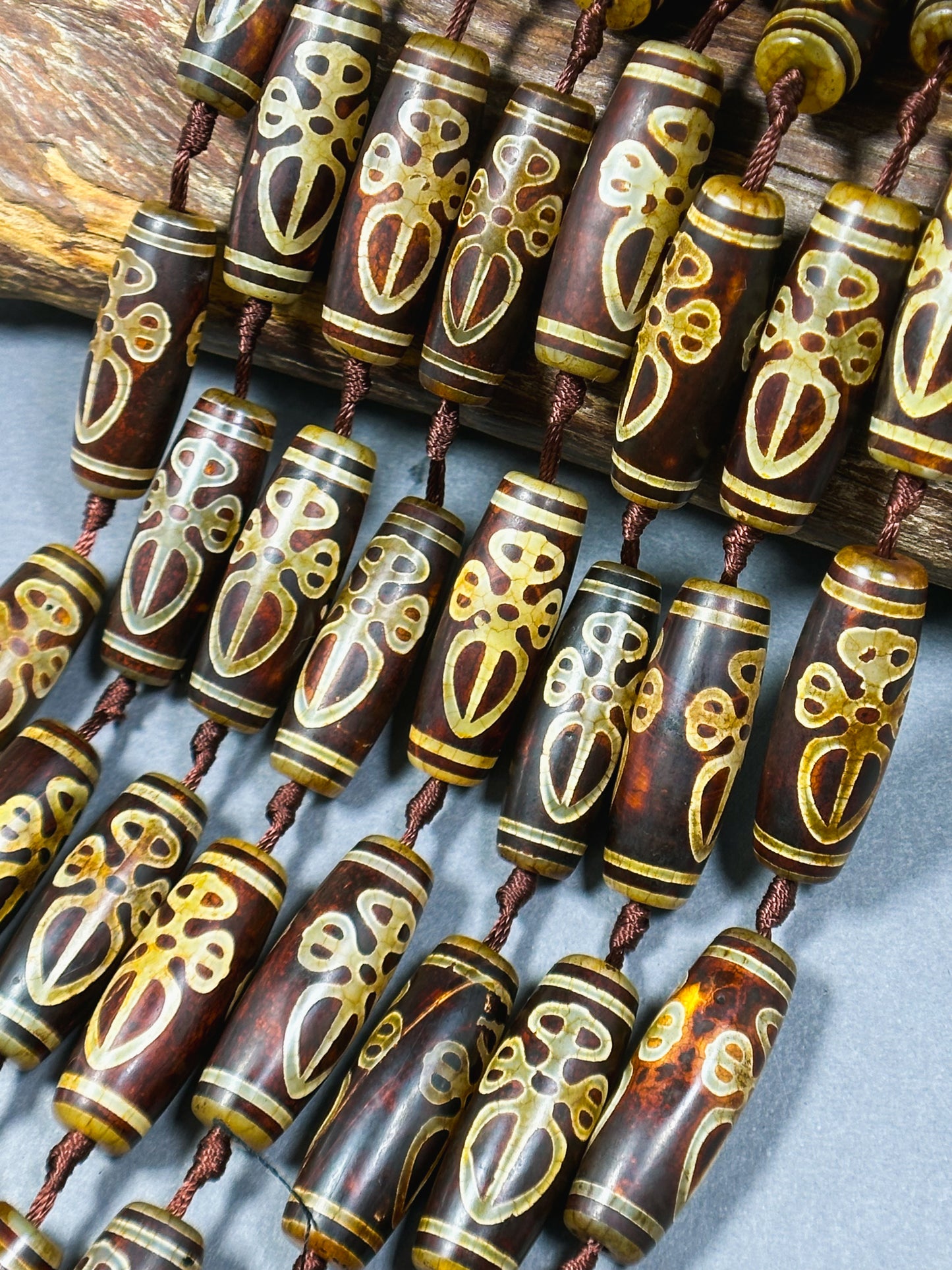Natural Tibetan Gemstone Bead 39x14mm Barrel Shape Bead, Beautiful Brown Hand Painted Design Tibetan Beads, Great Quality Full Strand 15.5"