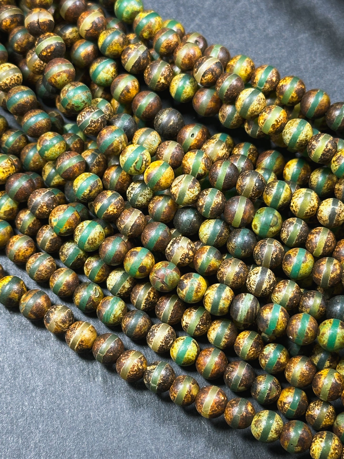 Natural Tibetan Agate Gemstone Bead 6mm Round Beads, Beautiful Brown Green Line Design Tibetan Agate Gemstone Beads, Full Strand 15.5”