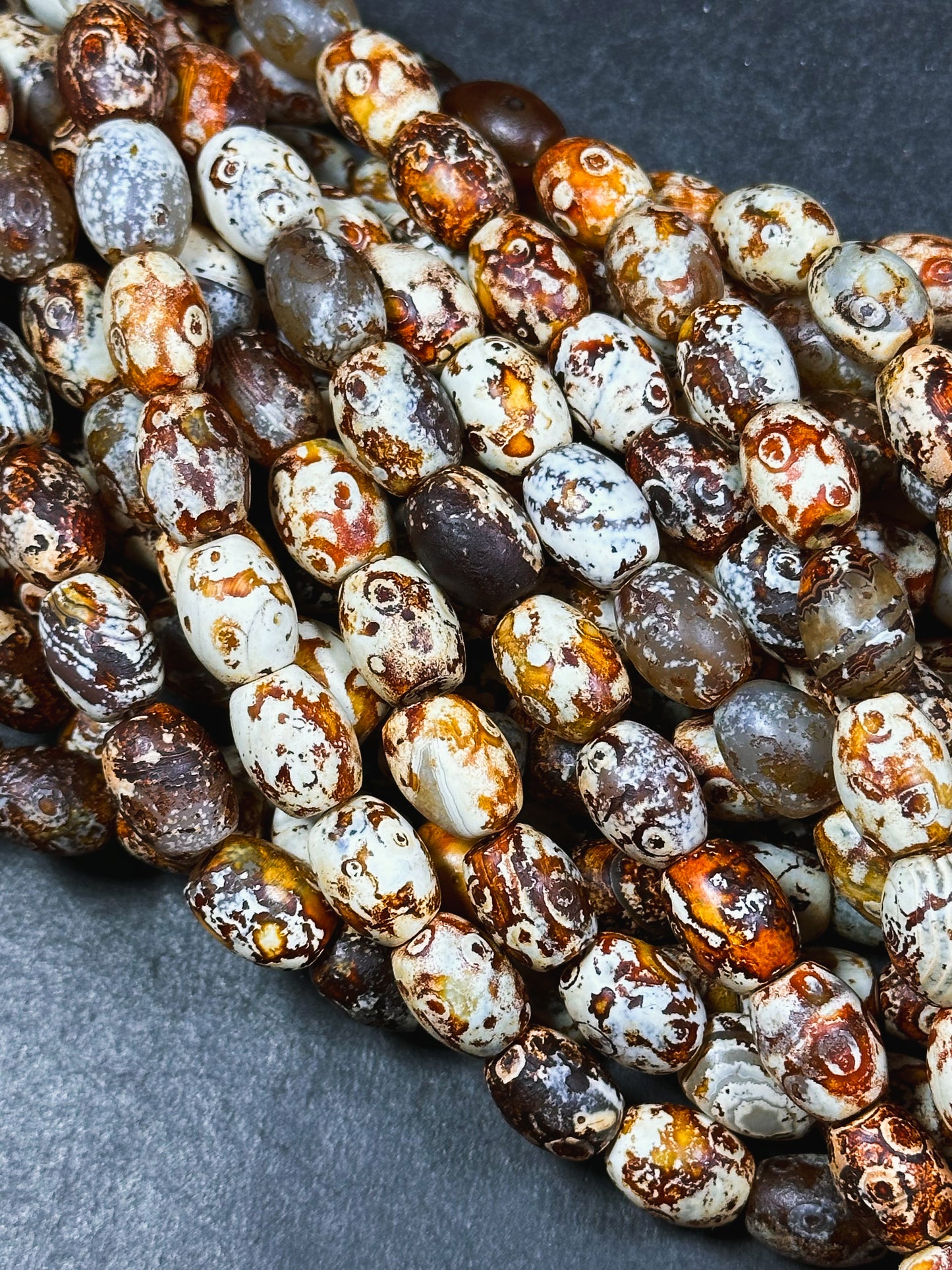 AAA Natural Tibetan Gemstone Bead 13x10mm Barrel Shape, Beautiful Orange Brown Hand Painted Tibetan Stone Bead, Excellent Quality 14" Strand