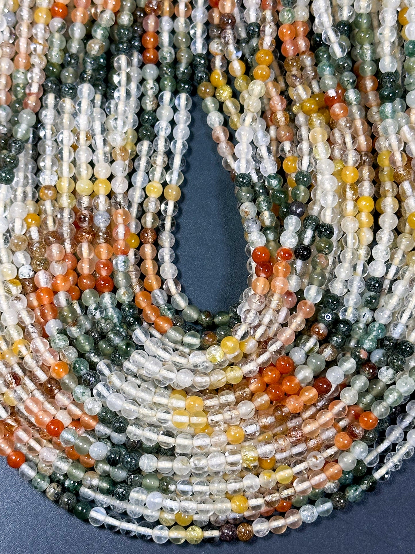Natural Multi Rutilated Quartz Gemstone Bead 4mm Round Beads, Beautiful Multicolor Clear Yellow Orange Green Rutilated Quartz Beads 15.5"