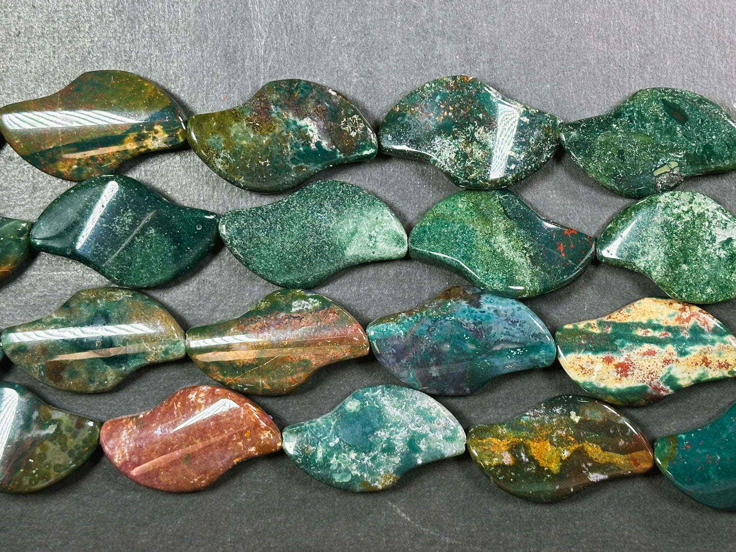 Natural Bloodstone Gemstone Bead 37x22mm Wave Shape, Beautiful Natural Dark Green Multicolor Bloodstone Gemstone Beads, Full Strand 15.5"