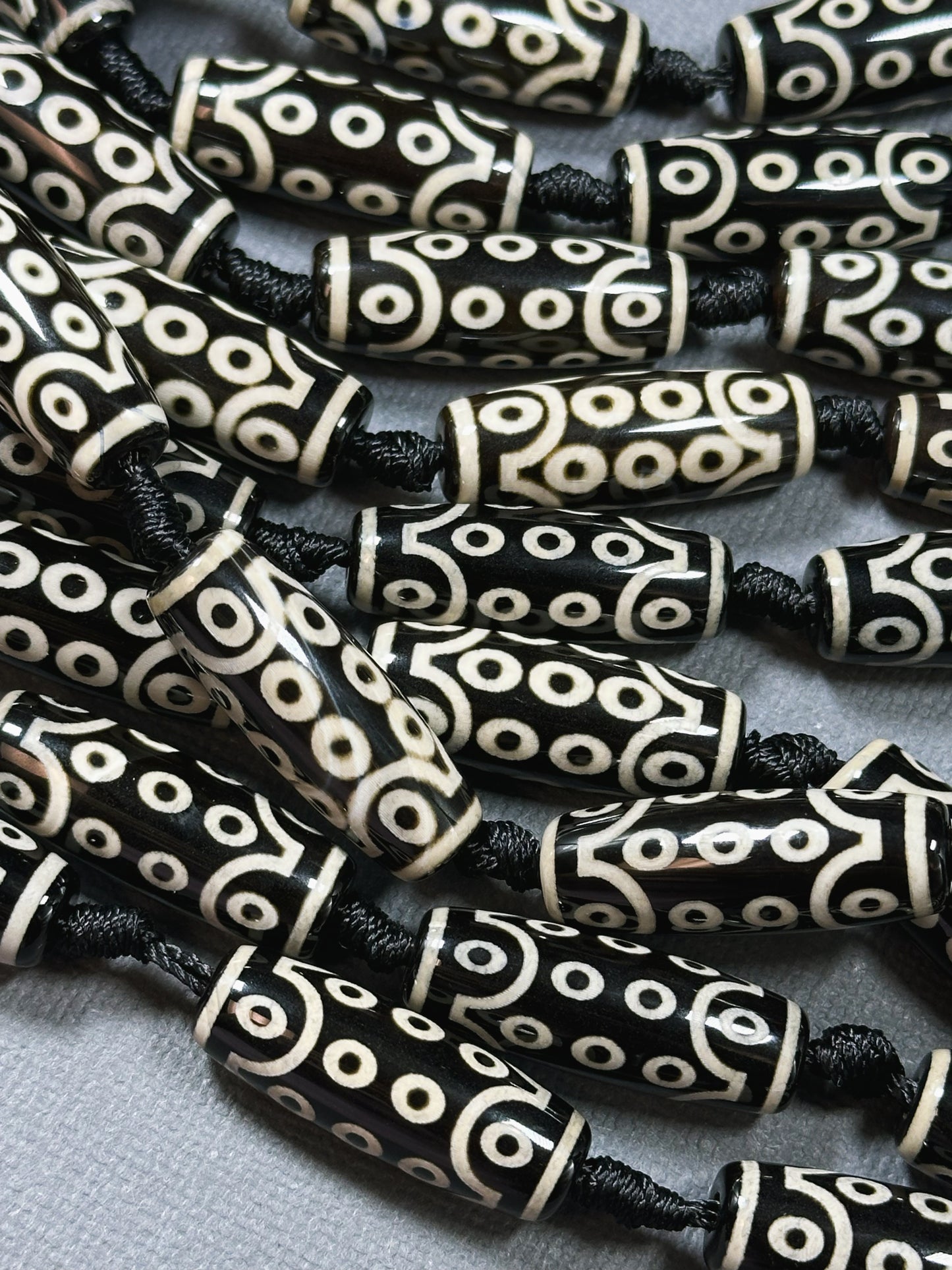 Natural Tibetan Gemstone Bead 29x10mm Barrel Shape Bead, Beautiful Black White Hand Painted Unique Design Tibetan Bead, Full Strand 15.5"