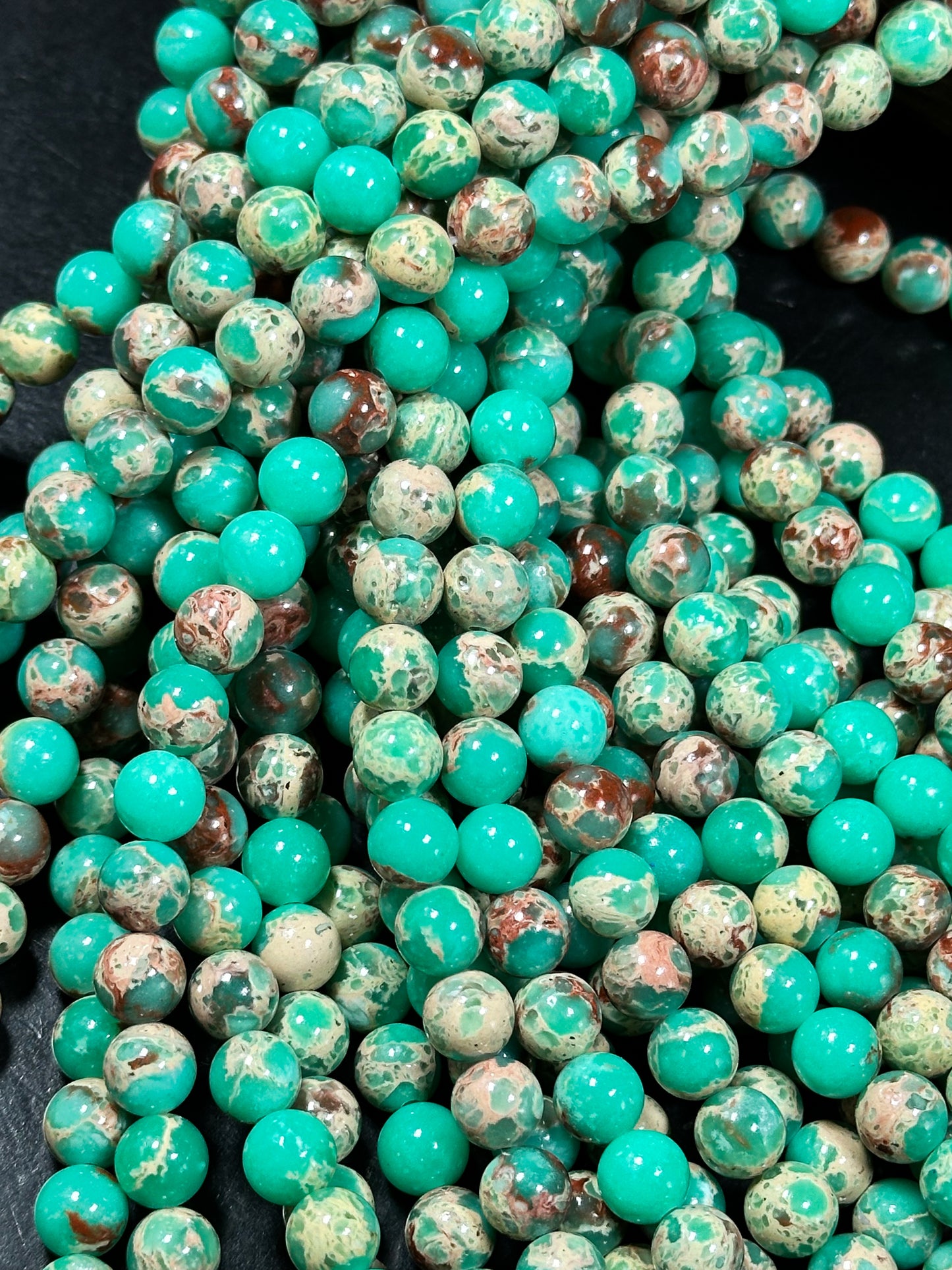 Natural Sea Sediment Jasper Gemstone Bead 6mm 8mm Round Beads, Beautiful Teal Green Beige Color Imperial Jasper Beads Full Strand 15.5"