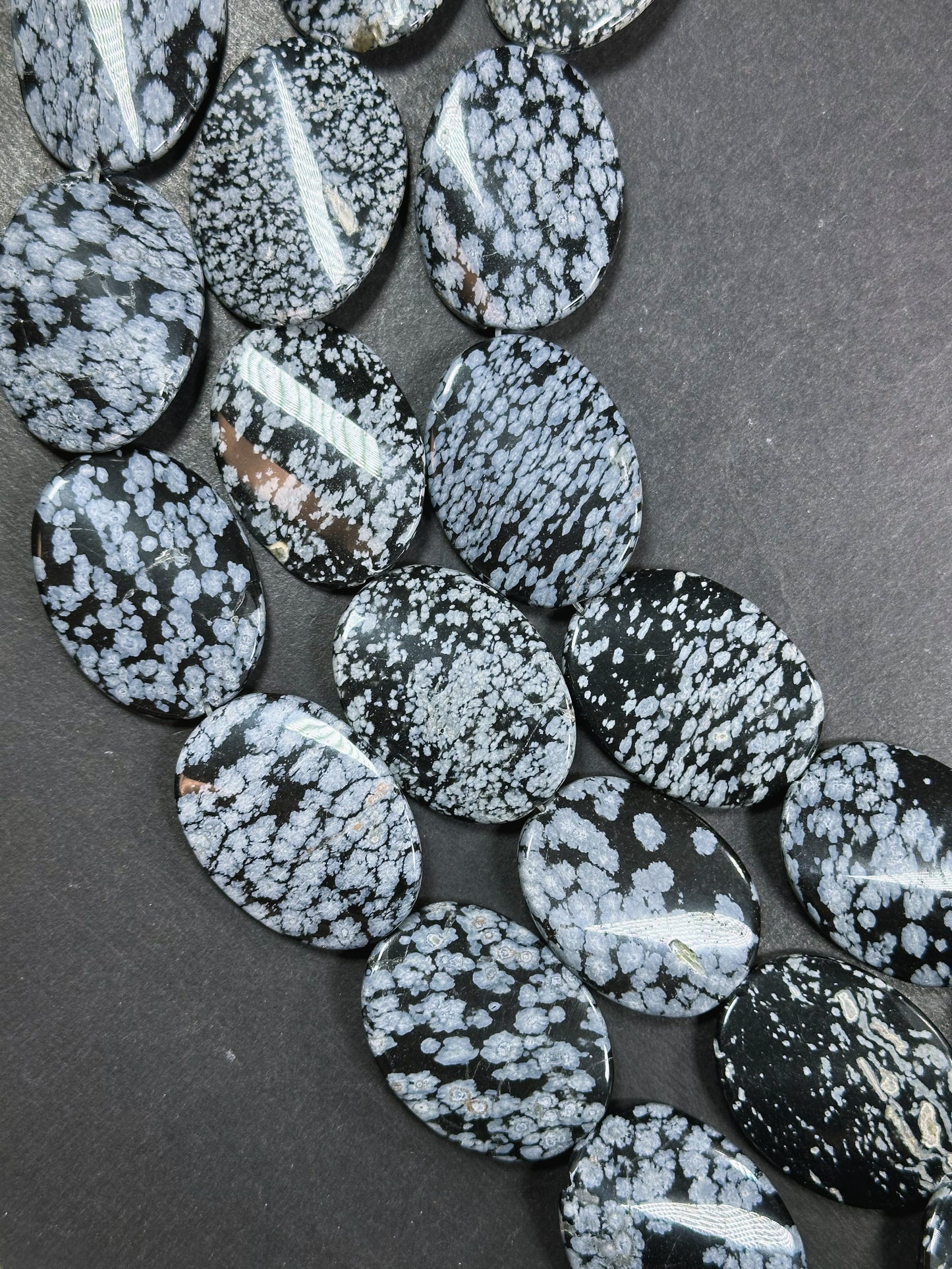 Natural Snowflake Obsidian Gemstone Bead 39x30mm Curved Oval Shape, Natural Black Gray Color Snowflake Obsidian Beads, Full Strand 15.5"