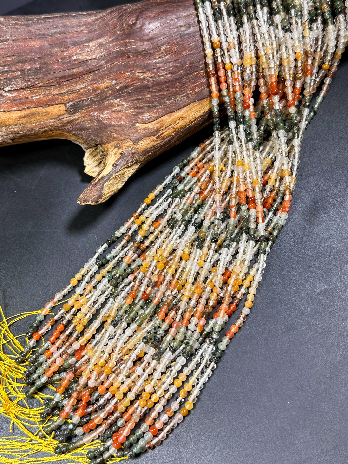 Natural Multi Rutilated Quartz Gemstone Bead 4mm Round Beads, Beautiful Multicolor Clear Yellow Orange Green Rutilated Quartz Beads 15.5"