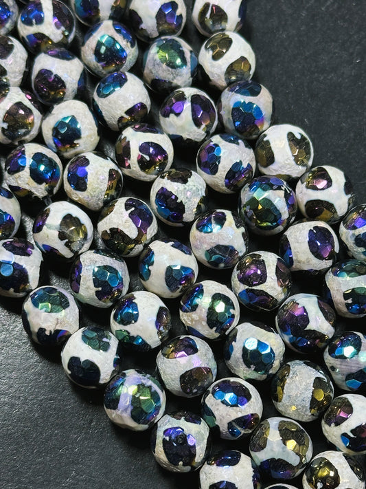 Mystic Natural Galaxy Tibetan Gemstone Bead Faceted 6mm 8mm 10mm 12mm Round Beads, Gorgeous Galaxy Purple Color Soccer Ball Design Tibetan Beads 15.5" Strand