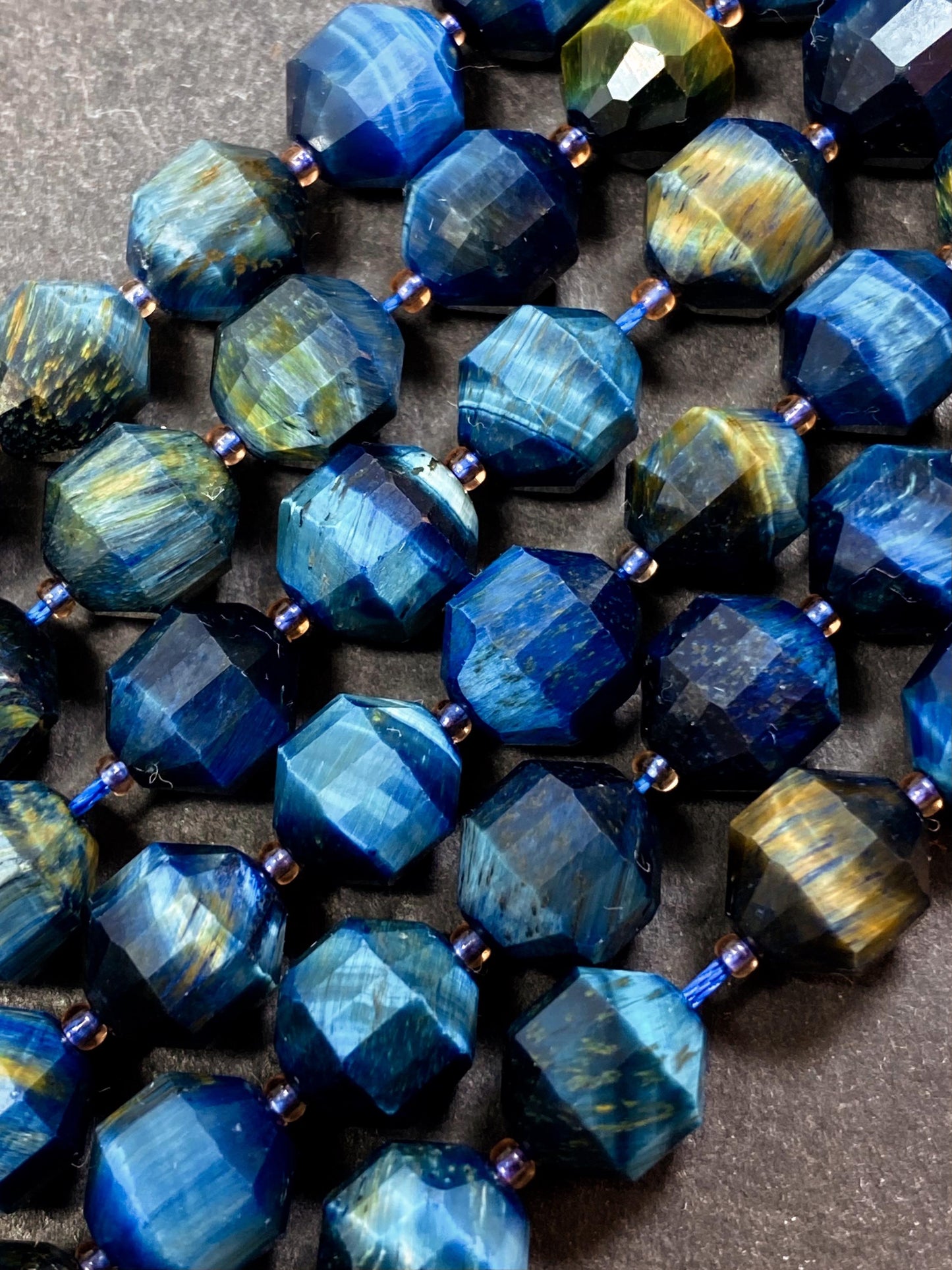 Natural blue tiger eye stone bead. Faceted 8mm diamond shape bead. Gorgeous natural navy blue tiger eye gemstone bead. Full strand 15.5
