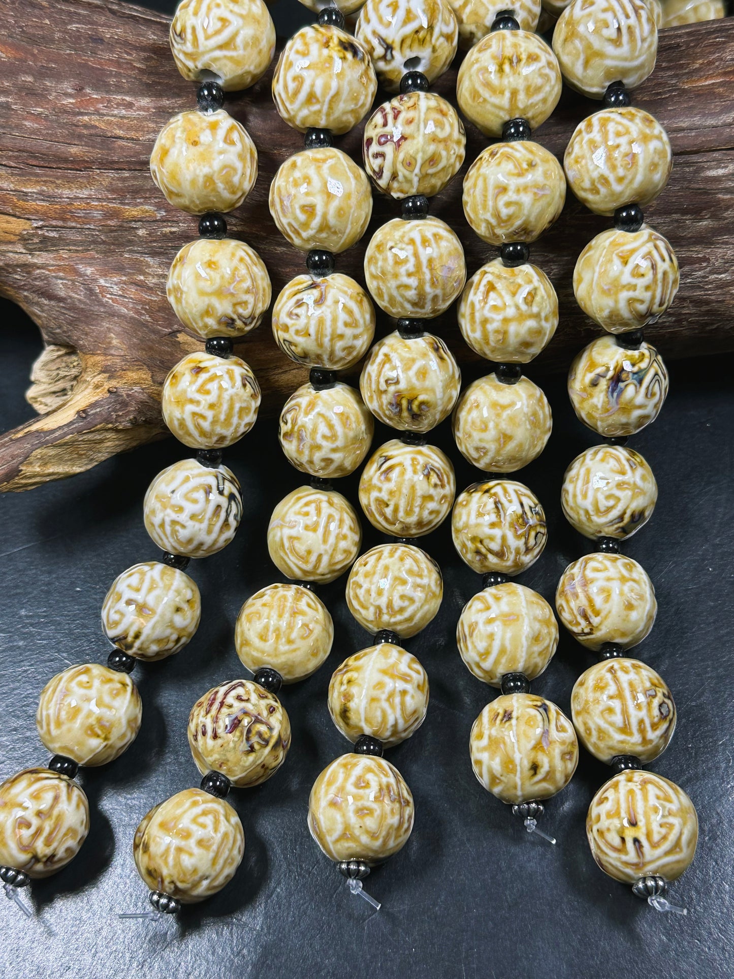 Beautiful Hand Painted Porcelain Beads, 20mm Unique Design Hand Painted Porcelain Round Shape Beads, Gorgeous Beige Color Porcelain Bead 8"