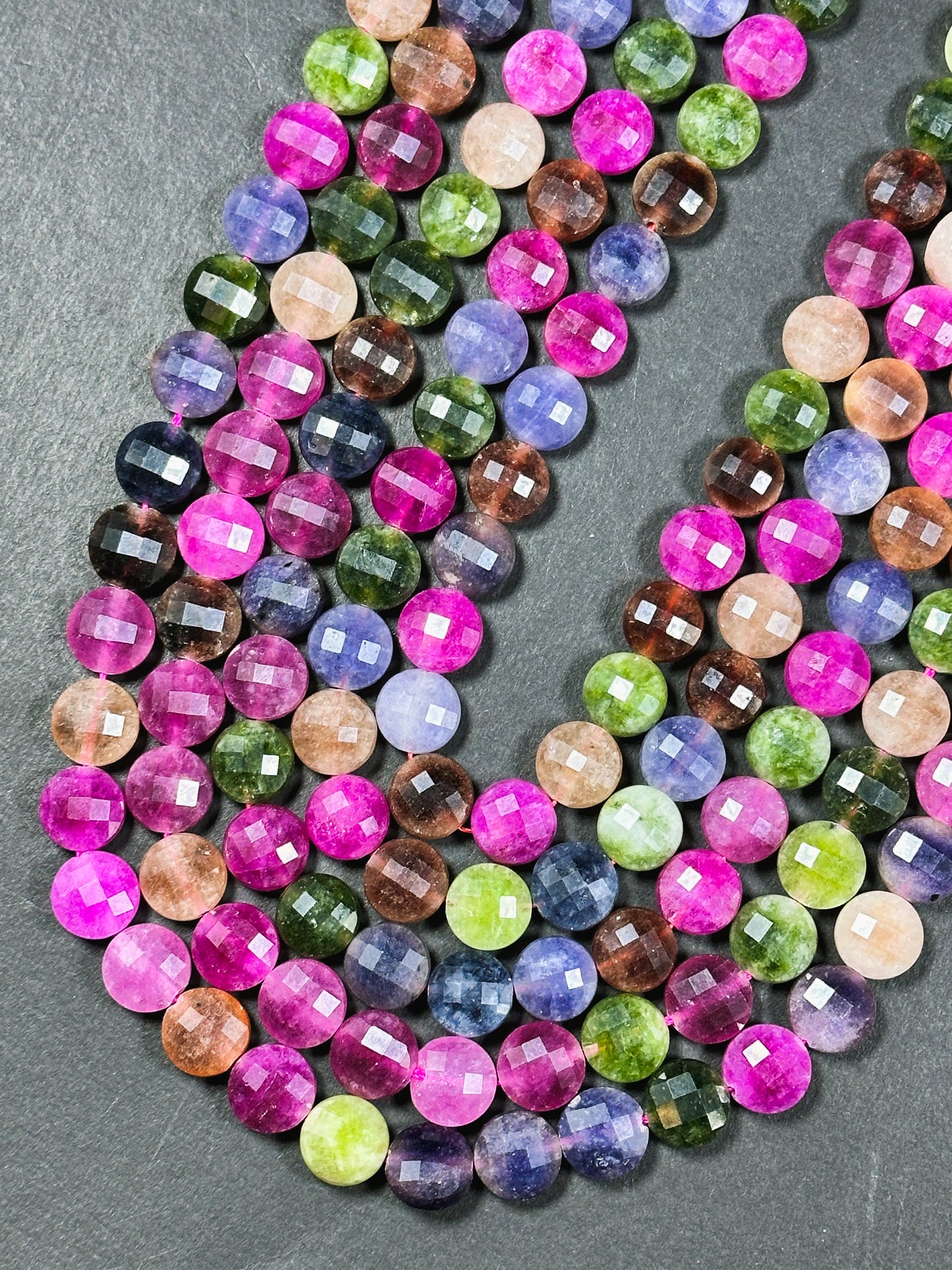 Natural Tourmaline Quartz Gemstone Bead Faceted 6mm 8mm 10mm Coin Shape, Beautiful Multicolor Tourmaline Beads, Excellent Quality Full Strand 15.5"