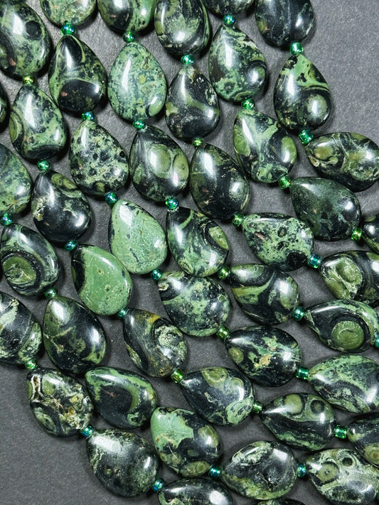 Natural Kambaba Jasper Gemstone Bead 18x13mm Teardrop Shape, Beautiful Natural Green Black Color Jasper Bead Great Quality Full Strand 15.5"