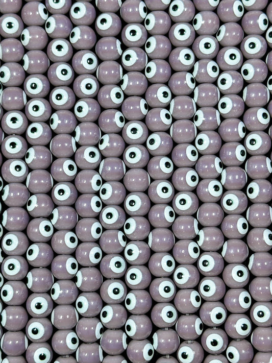 Beautiful Taupe Evil Eye Glass Beads 8mm Round Beads, Beautiful Taupe/Light Purple Evil Eye Amulet Glass Beads, Full Strand Glass Beads